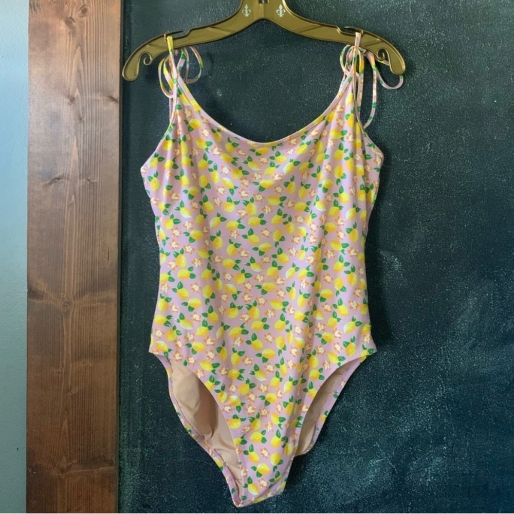 J. Crew Lemon Floral Shoulder Tie One Piece Swimsuit Pink Yellow Green Size 12 - Picture 5 of 5